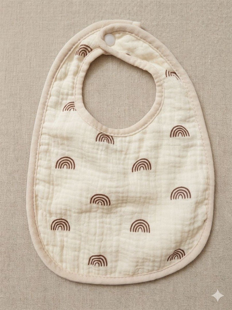 Bavoir pour bébé en tissu mousseline beige clair, imprimé d'un motif répétitif de petits arcs-en-ciel marron et doté d'une fermeture par bouton pression.