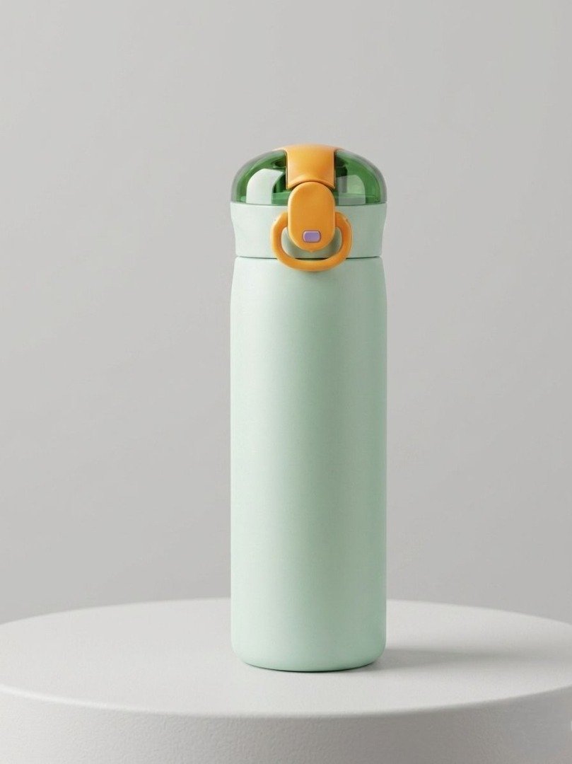 Bouteille isotherme pour enfant de couleur vert menthe, dotée d'un bouchon transparent vert foncé, d'un mécanisme de fermeture jaune vif et d'un bouton de verrouillage violet.