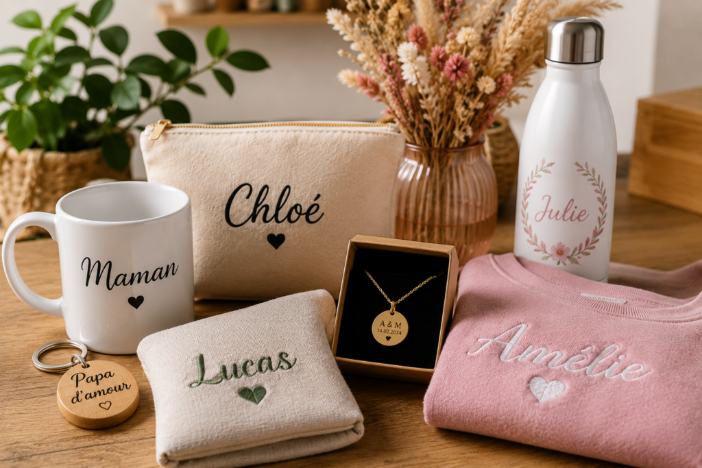 cadeaux personnalisés à Bruxelles avec mugs, bijoux gravés, broderie et objets personnalisés réalisés artisanalement dans un atelier local
