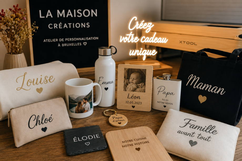 **alt image :** `cadeau personnalisé Bruxelles dans un atelier de personnalisation avec mugs, broderie et gravure laser`