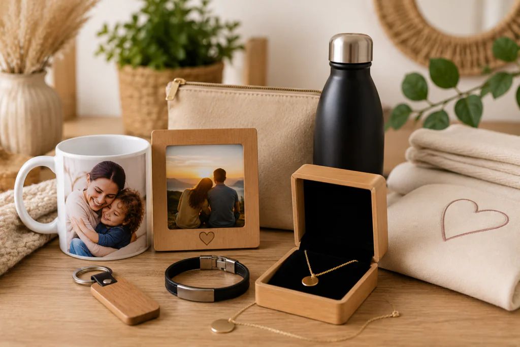 cadeaux personnalisés avec mug photo, bijoux gravés, accessoires brodés et objets personnalisés présentés dans un atelier chaleureux à Bruxelles