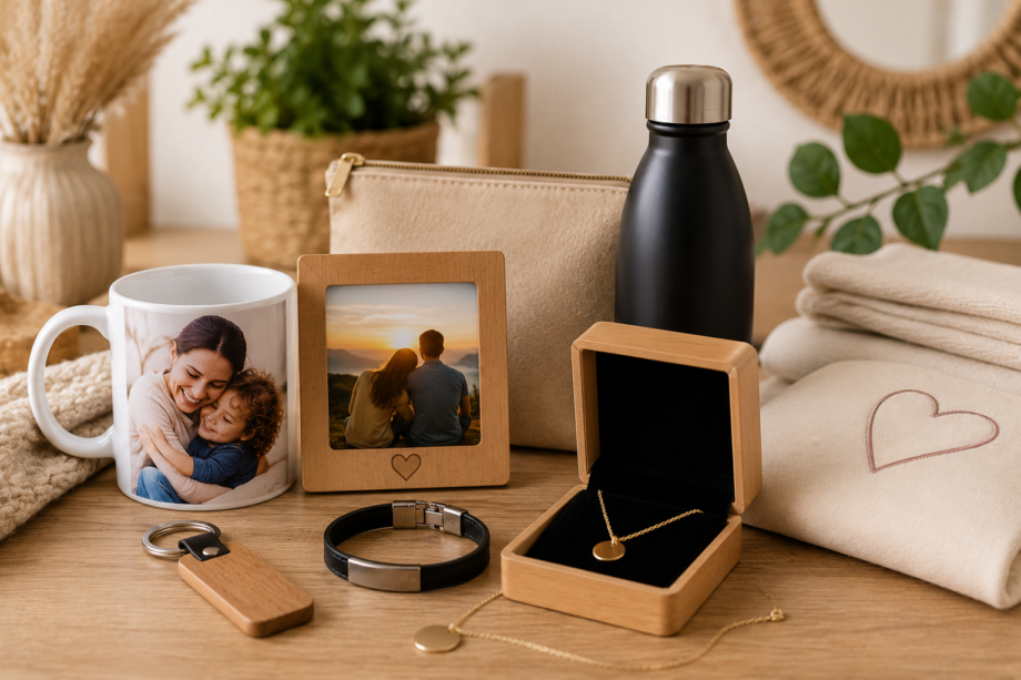 cadeaux personnalisés avec mug photo, bijoux gravés, accessoires brodés et objets personnalisés présentés dans un atelier chaleureux à Bruxelles